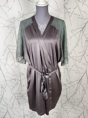NK Imode Gray Taupe Satin Stretch Lace Sleeve Belted Robe